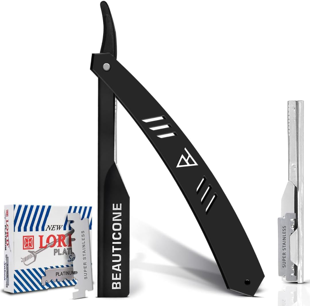 BEAUTICONE Professional Straight Razor for Men with 100 Single Edge Blades | Slide-Out Design (Black and Gold)