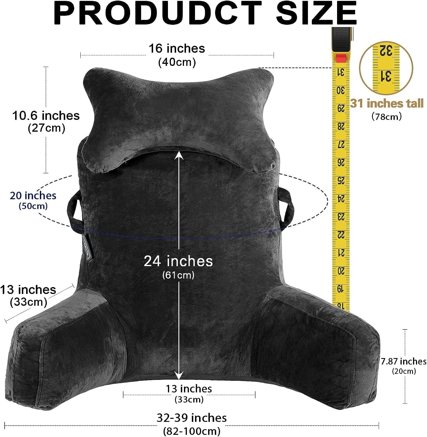 Pillow-Extra Large 78.7Cm Bed Rest Pillow with Detachable Neck Roll & Arms for Sitting in Bed or Couch-Backrest Reading Pillow Adult Back Pillows for Reading,Tv,Gaming,Relaxing(Black, XL) image number 1