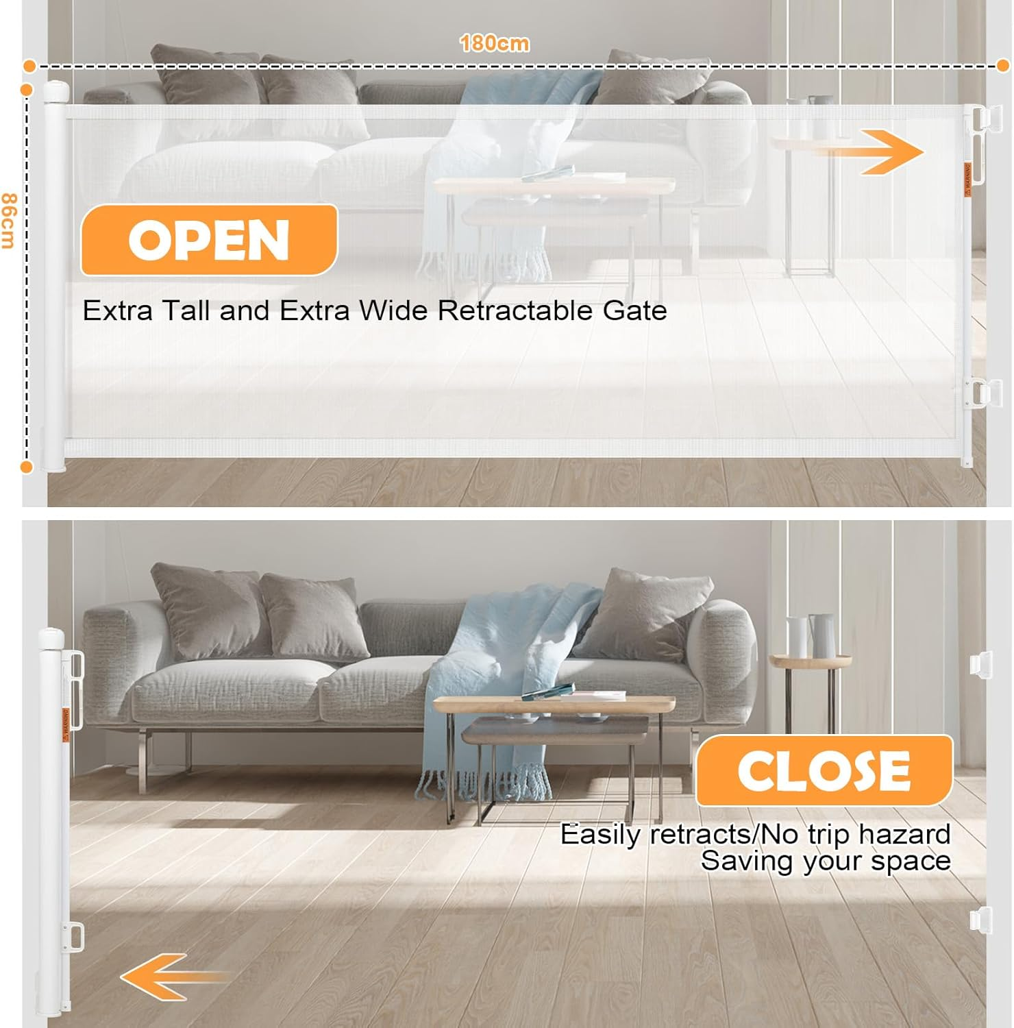 Retractable Safety Gate - Upgraded Stair Gates for Dogs, 180X86Cm Stair Safety Gates Pets, Easy Operation Dog Gate, Stair Gates for Baby/Pet Indoor Outdoor image number 6