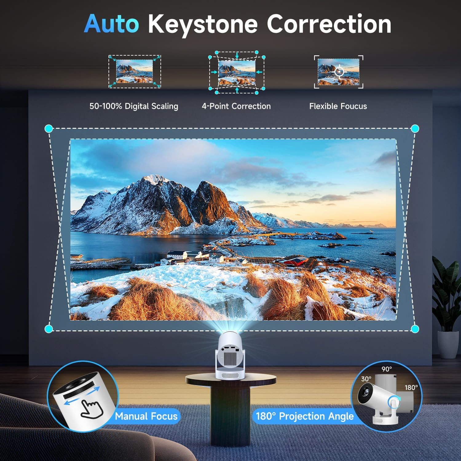 Kimwood Projector with Upgraded Base Speaker, [Built-In Apps] Mini Portable Projector Lower Noise Auto Keystone Wifi 6 Bluetooth 5.4, 0.8:1 Ultra Short Throw Projectors for Big Screens in Small Rooms image number 6