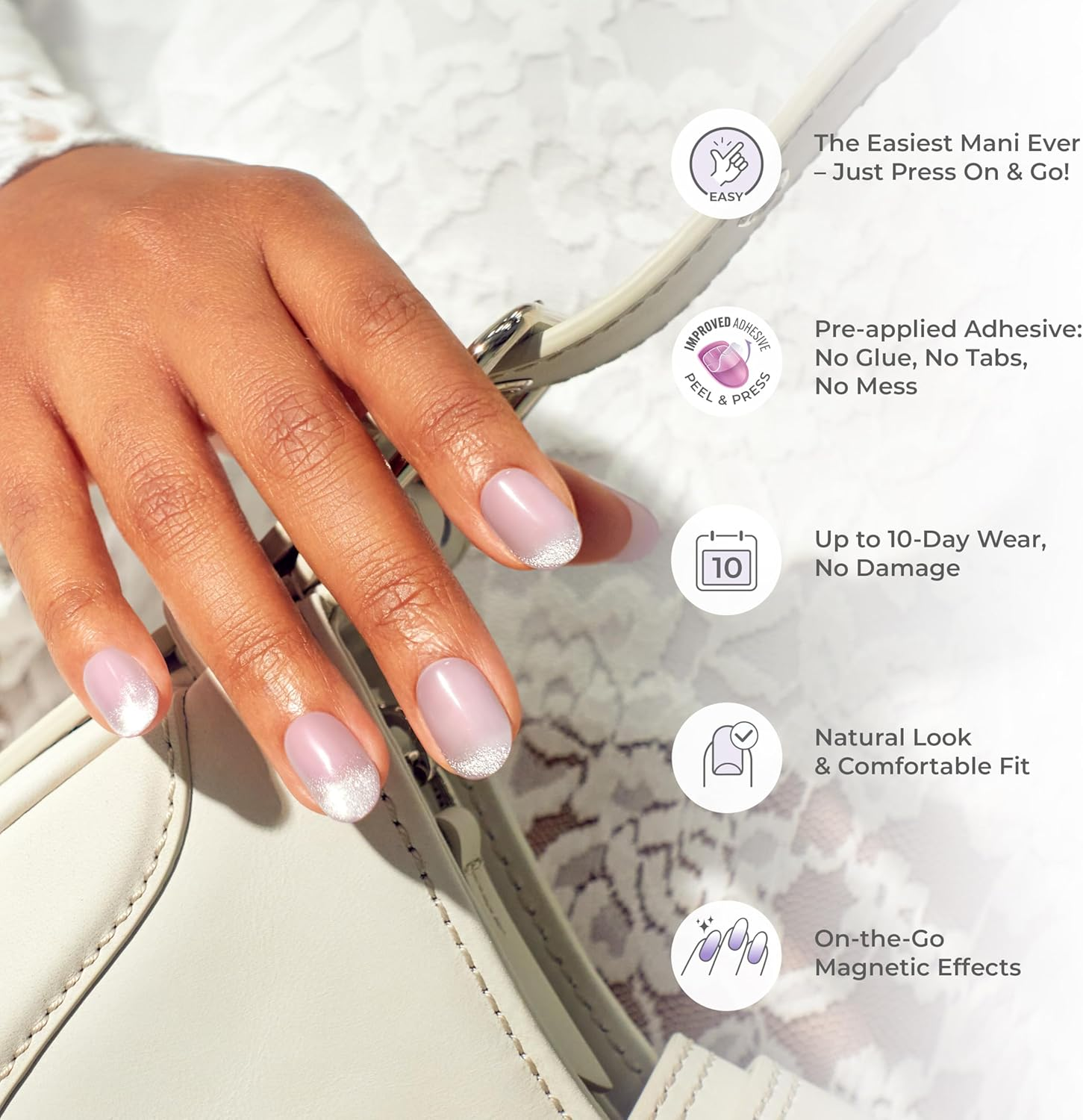 KISS Colorfx by Impress Press on Nails , &lsquo;Starry&rsquo;, Solid Light Pink with Pearlescent Finish, Short Oval, IMPROVED Adhesive, Includes 30 Fake Nails, Prep Pad, 1 Manicure Stick, 1 Mini Nail File image number 2