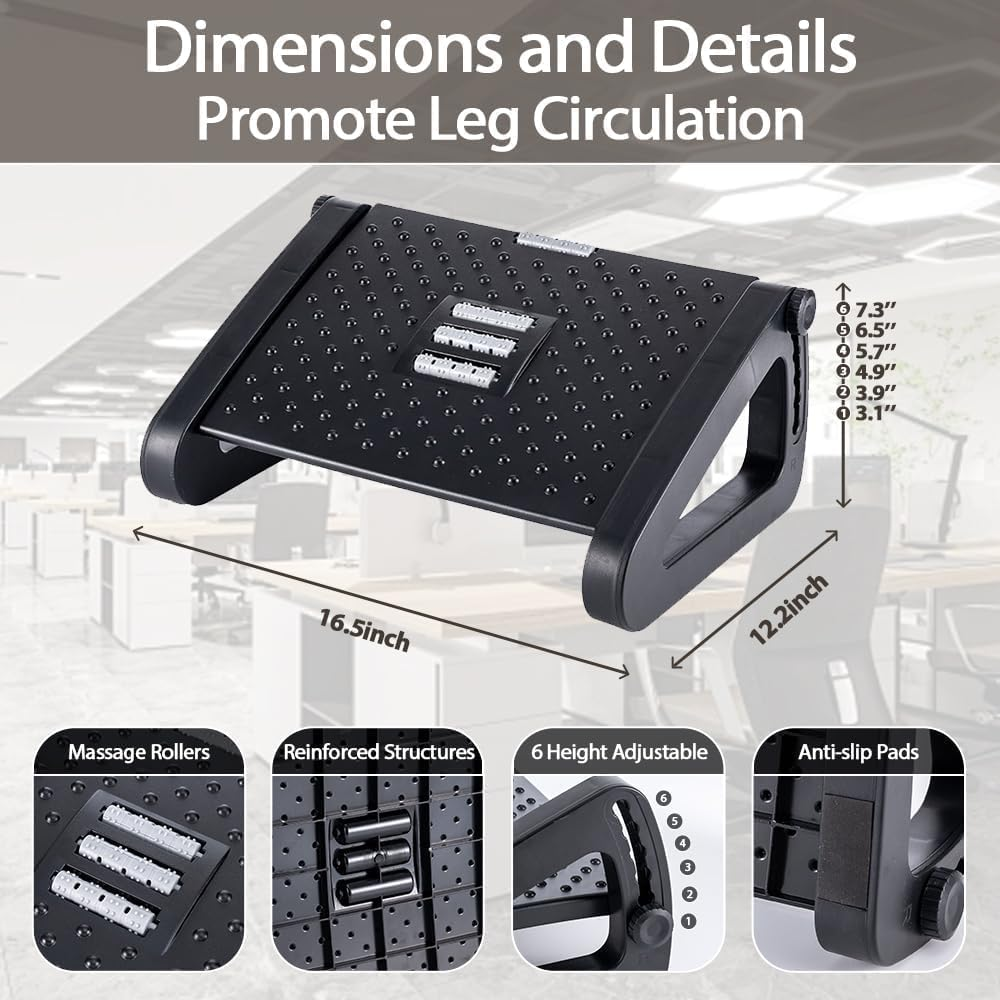 Mumoo Bear Foot Rest for under Desk at Work, Ergonomic 6 Heights Adjustable Footrest with Massage Roller, Portable under Desk Foot Stool for Home,Office, Black image number 6