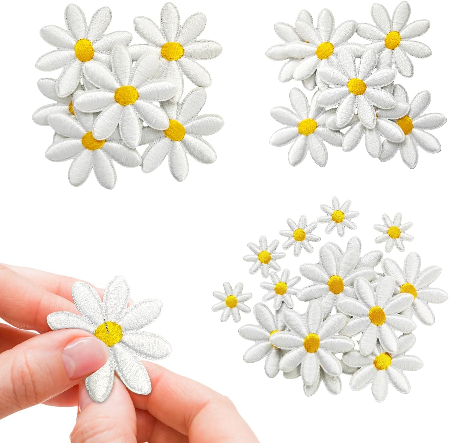40Pcs 4 Sizes Daisy Flower Iron on Patches, Cute Embroidery Applique Patch for DIY Decoration Clothes, Pants, Hats, Backpacks, Sewing Patches for Girls, Women (Flower, White, 4Cm*3.5Cm*3Cm*1.2Cm)