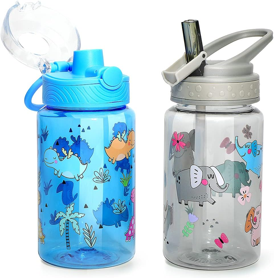 Home Tune 16Oz Kids Water Drinking Bottle - Tritan BPA Free, Flip Straw Lid, Wide Mouth, Carry Loop, Lightweight, Leak-Proof Water Bottle Cute Design for Girls & Boys - 2 Pack Unicorn & Flamingo
