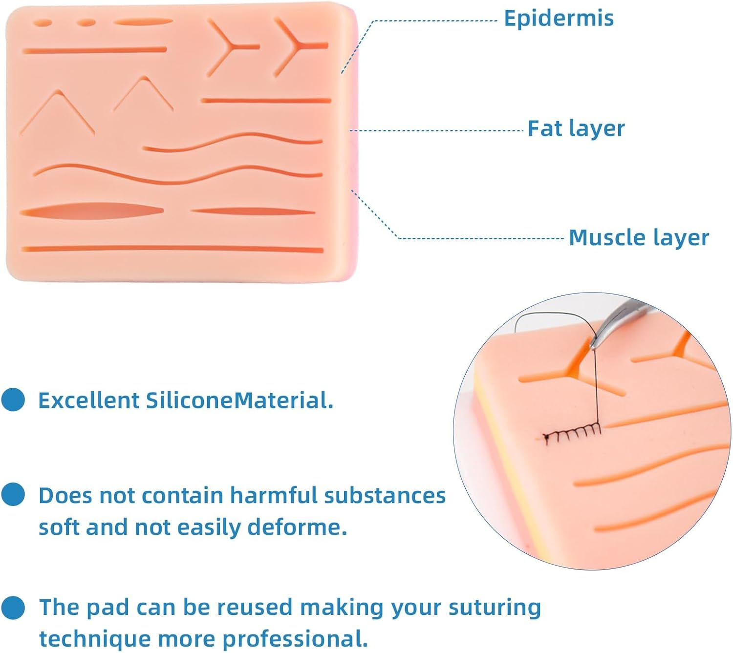 Practice Suture Pad, Realistic Three Layer Silicone Skin Kit with 14 Pre-Cut Wounds for Medical and Veterinary Students Training image number 4