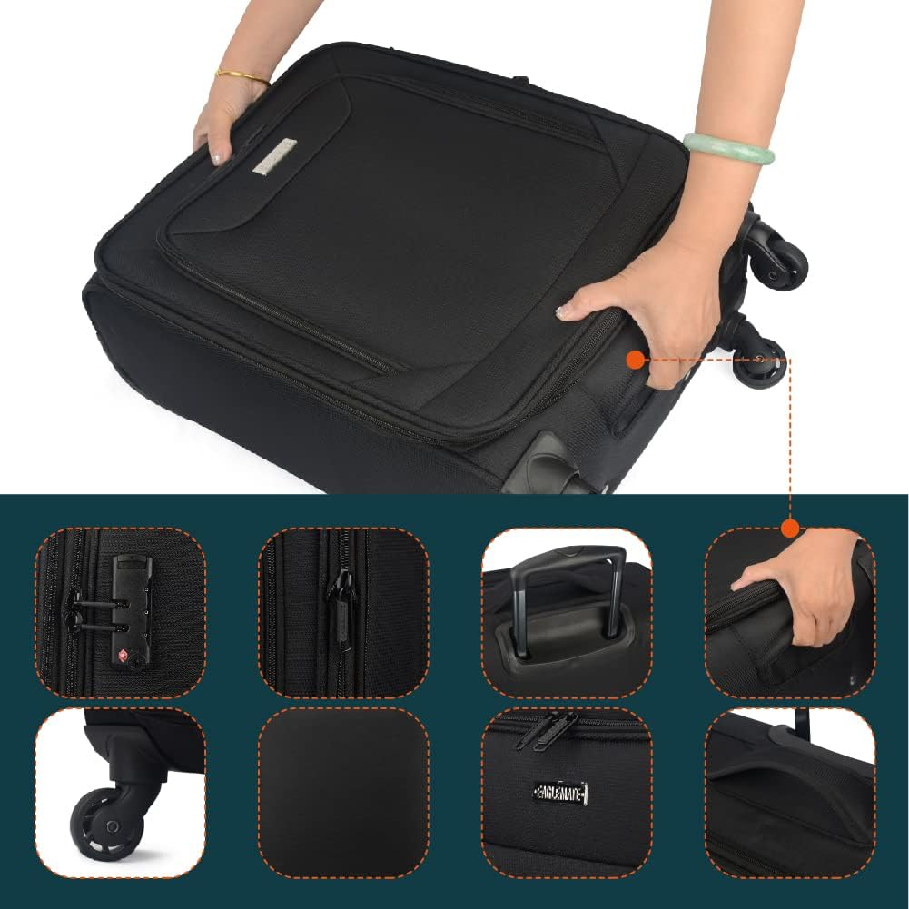 Eaglemate 3 Piece Lightweight Soft Luggage Suitcase Set &ndash; Durable, Expandable, 360&deg; Spinner Wheels, Soft Touch Exterior, TSA Lock for Secure Travel,15 Years Warranty,Black - Navy Blue image number 3