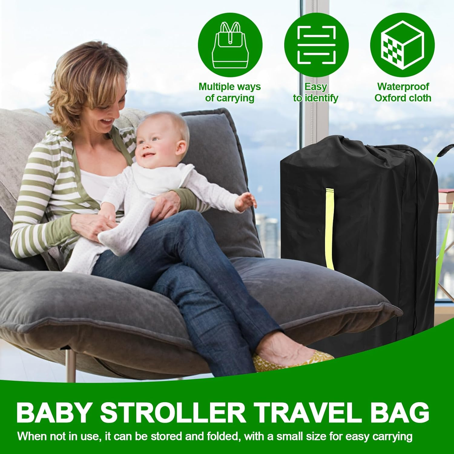 Stroller Bag for Airplane Travel Waterproof Oxford Cloth Baby Car Seat Travel Bag with Adjustable Shoulder Strap Fit Convertible Car Seat, Gate Check Bag Cover for Airplane (Black- 1Pack) image number 4