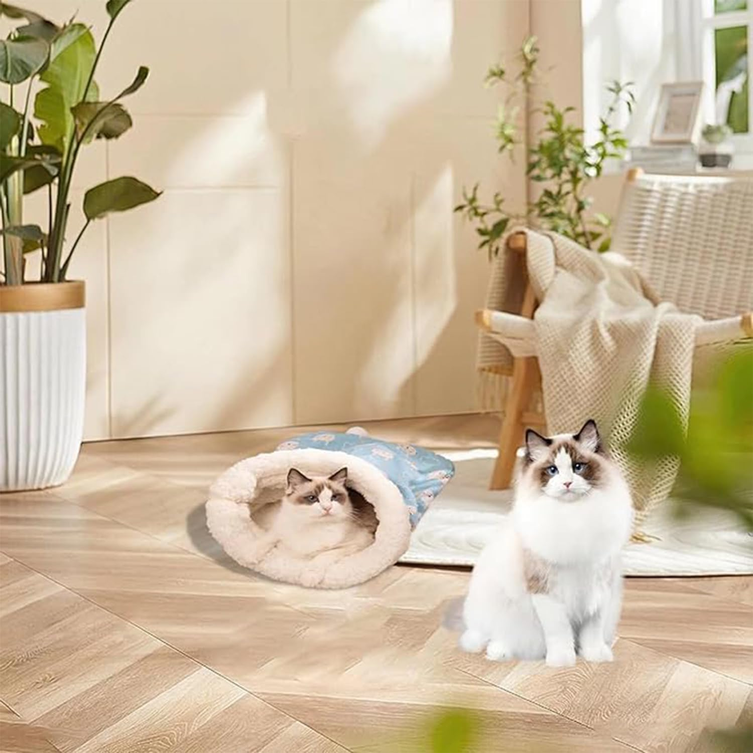 Soft Pet Cozy Warm Sleeping Bag for Cats, Cozy Cat Winter Sleeping Bag, 360-Degree Wrap Self-Warming Plush Puppy Sleeping Nest, Fluffy Tunnel, Pet Calming,Soft Plush Large Sac (Blue) image number 2