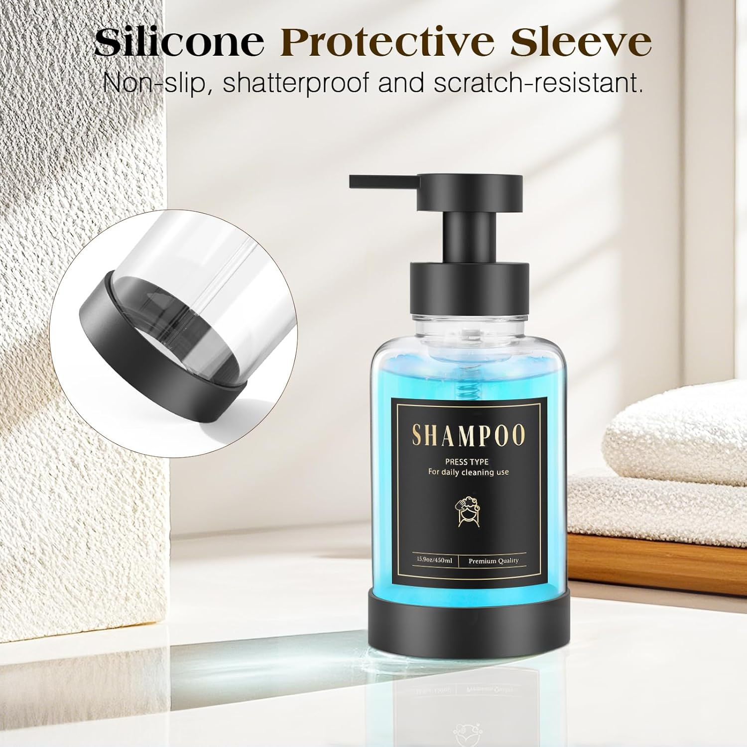 Luxspire Foaming Soap Dispenser, Glass Foam Pump Soap Dispenser, Non-Slip Hand Soap Dispenser with 5 Waterproof Labels, 15 Oz Refillable Liquid Soap Dispenser for Bathroom & Kitchen, Clear, 1 Pack image number 3