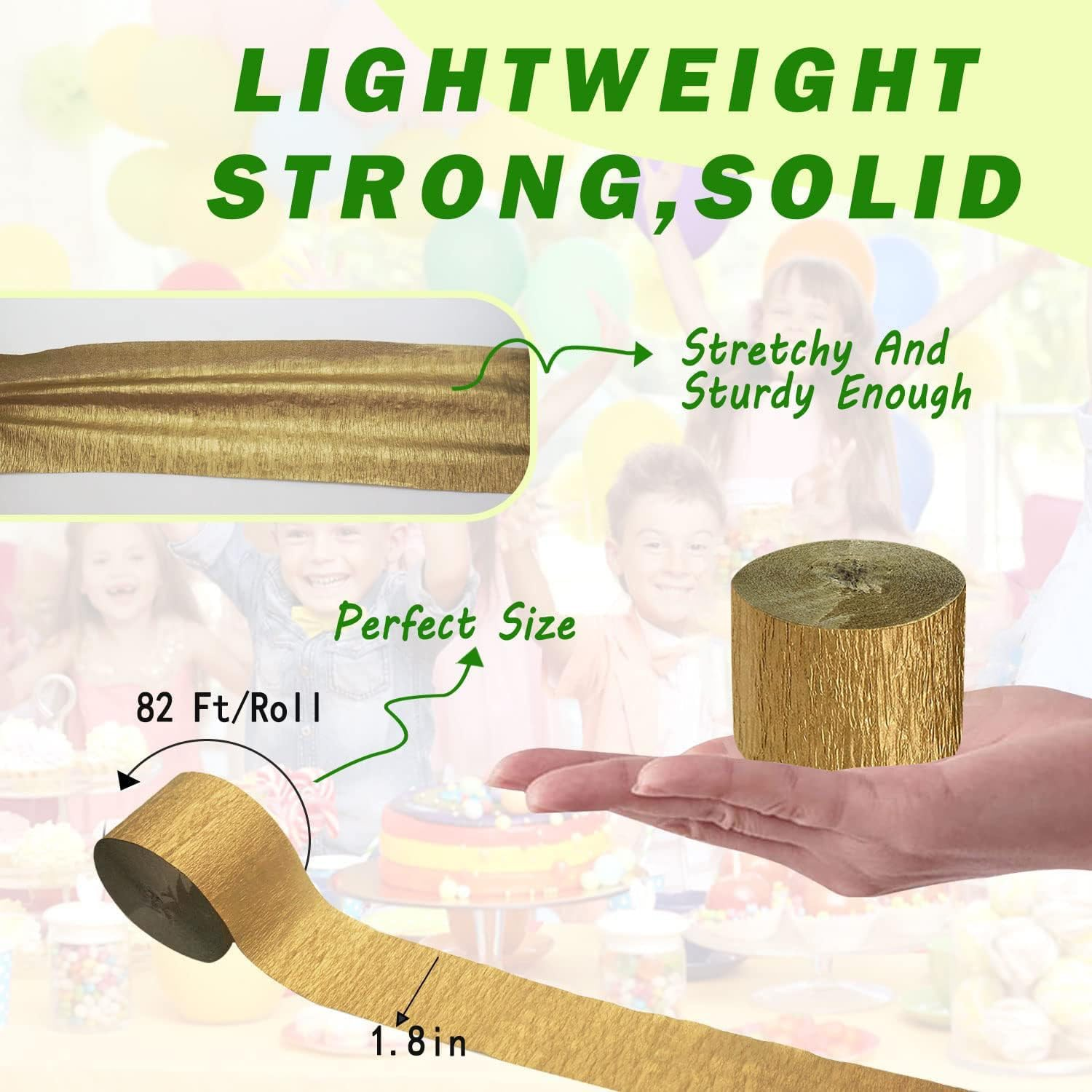 Gold Crepe Paper Streamers 6 Rolls for Party Streamers Decorations Birthday Wedding Baby Bridal Shower Backdrop Craft Supplies (1.8 Inch X 82 Ft/Roll，492Ft) - Antique Gold image number 4