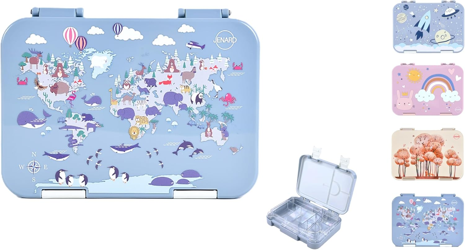 Jenard Lunch Box, Bento Box, Lunch Box, Vesper Box for Children with Compartments, Leak-Proof, Dishwasher Safe, Child-Friendly and Bpa-Free, Blue with an Educational World Map Full of Animals image number 2