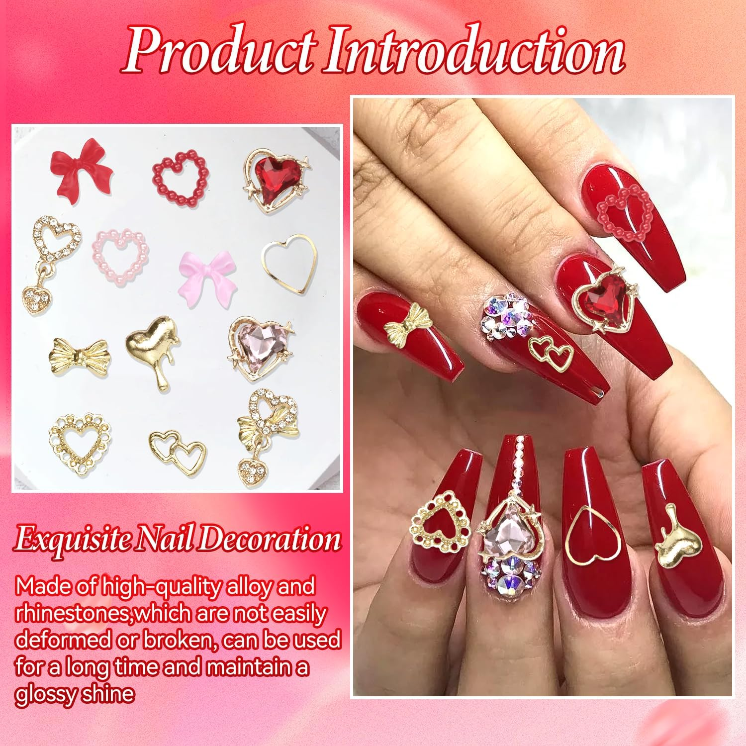 Cynailli 12Pcs 3D Valentine Gold Heart Nail Charms & Gems, Gold Alloy with Red Heart Rhinestones, Pink Heart with Bow Nail Art Supplies image number 2