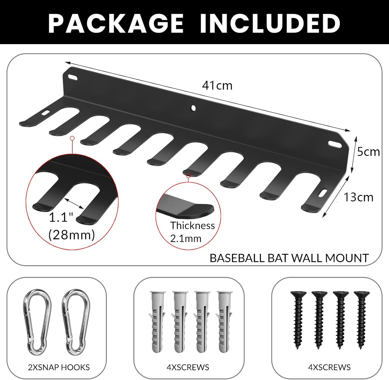 Cozioz Baseball Bat Rack Wall Mount &ndash; Holds 16 Bats, Sports Equipment Organizer with Heavy Duty Hooks for Gym, Garage, Gloves, Bags, Barbells &ndash; Black image number 1