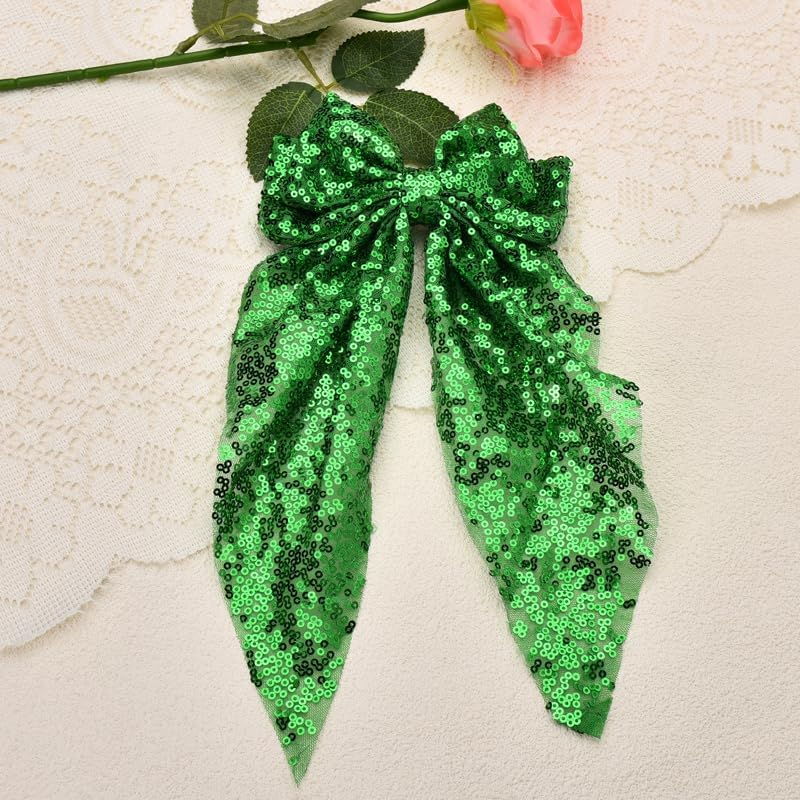 Sparkly Hair Bows for Girls Big Green Hair Clip Metal Clips French Ribbon Bowknot Hair Barrettes for Women Party Oversized Long Tail Hair Bow Clips Bling Hair Accessories for Thick Thin Hair image number 2