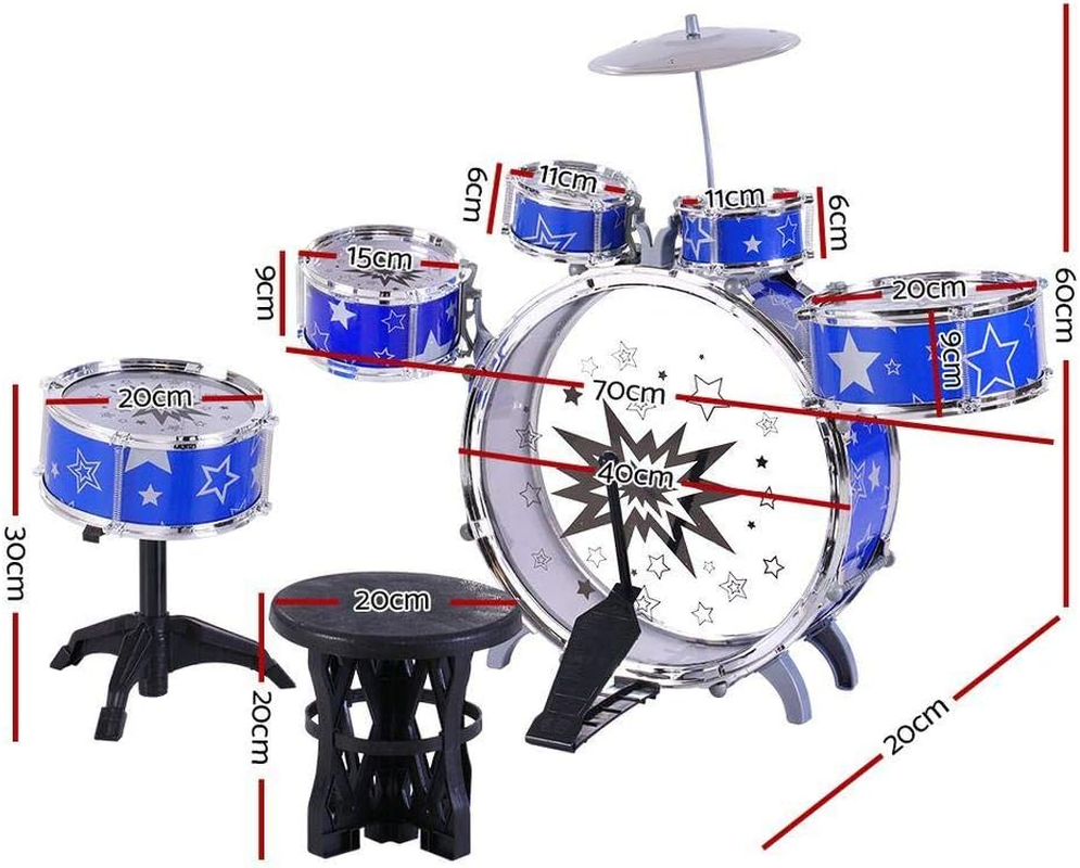 Keezi Kids Drum Set, 11Pcs Toddler Toy Pretend Play Junior Balmy Drums Kit Musical Instruments Educational Children Baby Toys, with Drummer Seat Easy to Assemble Blue image number 6