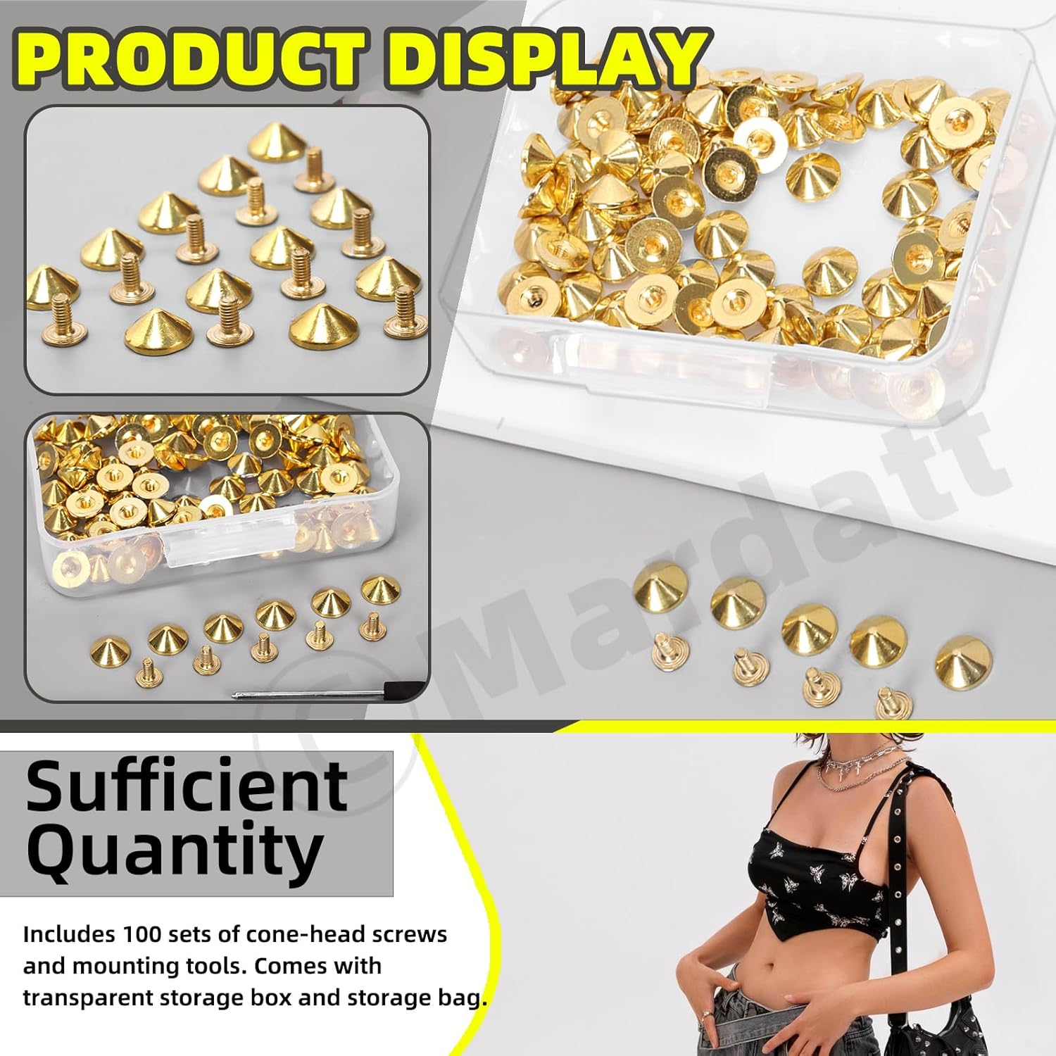 Mardatt 100 Sets 10Mm Gold Cone Spikes and Studs with Hole Puncher and Screwdriver, 4.7Mm Height Bullet Spike Cone Studs Screw Back Punk Studs and Spikes for DIY Leather Craft image number 4
