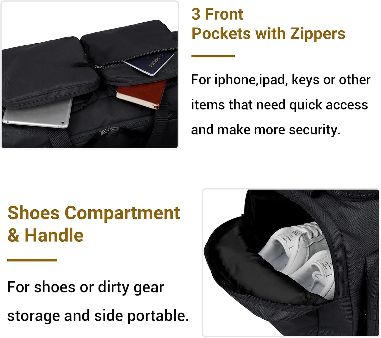 Duffle Bag for Men Women 40L Waterproof Sports Duffels Bags Travel Gym Bag with Shoe Compartment,Wet Pocket Large Weekender Overnight Bag Hospital Holdalls,Black - Grey image number 5