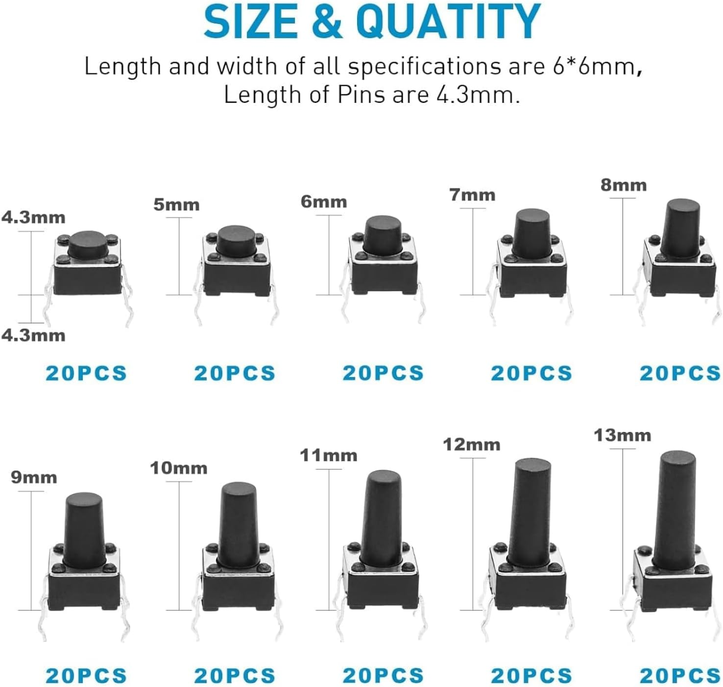200 Pcs 10 Types Micro Momentary Tact Tactile Push Button Switch Assortment Kit 6 X 6 X 4.3/5/6/7/8/9/10/11/12/13Mm, Industrial Accessory Hardware Parts (Black)