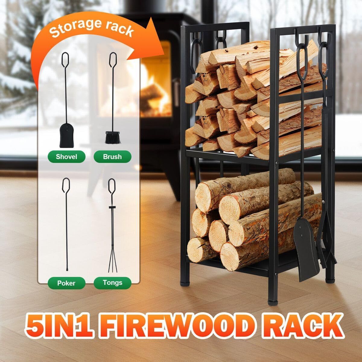 5In1 Firewood Storage Rack Fire Place Tool Kit Wrought Iron Firewood Log Storage Holder Firepit Tools Set for Fireplace, Fire Pit, Stove W/Hook, Broom, Shovel, Tongs - Black image number 5