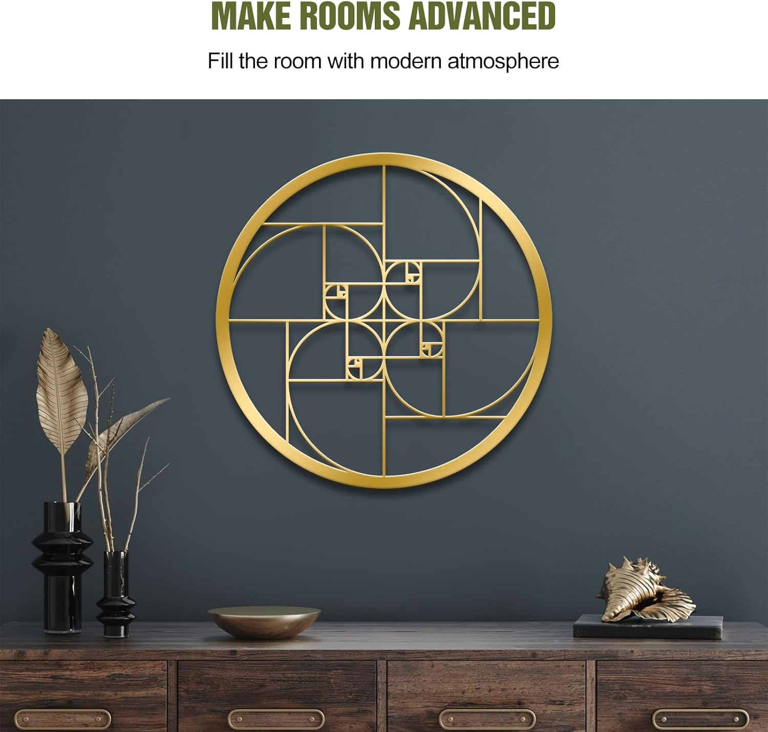 WINUSD 12In Fibonacci Spiral Gold Metal Wall Art, Math Art Fibonacci Spiral Metal Wall Art Decor, Geometric Wall Decoration for Living Room, Office, Outdoor, Indoor image number 1