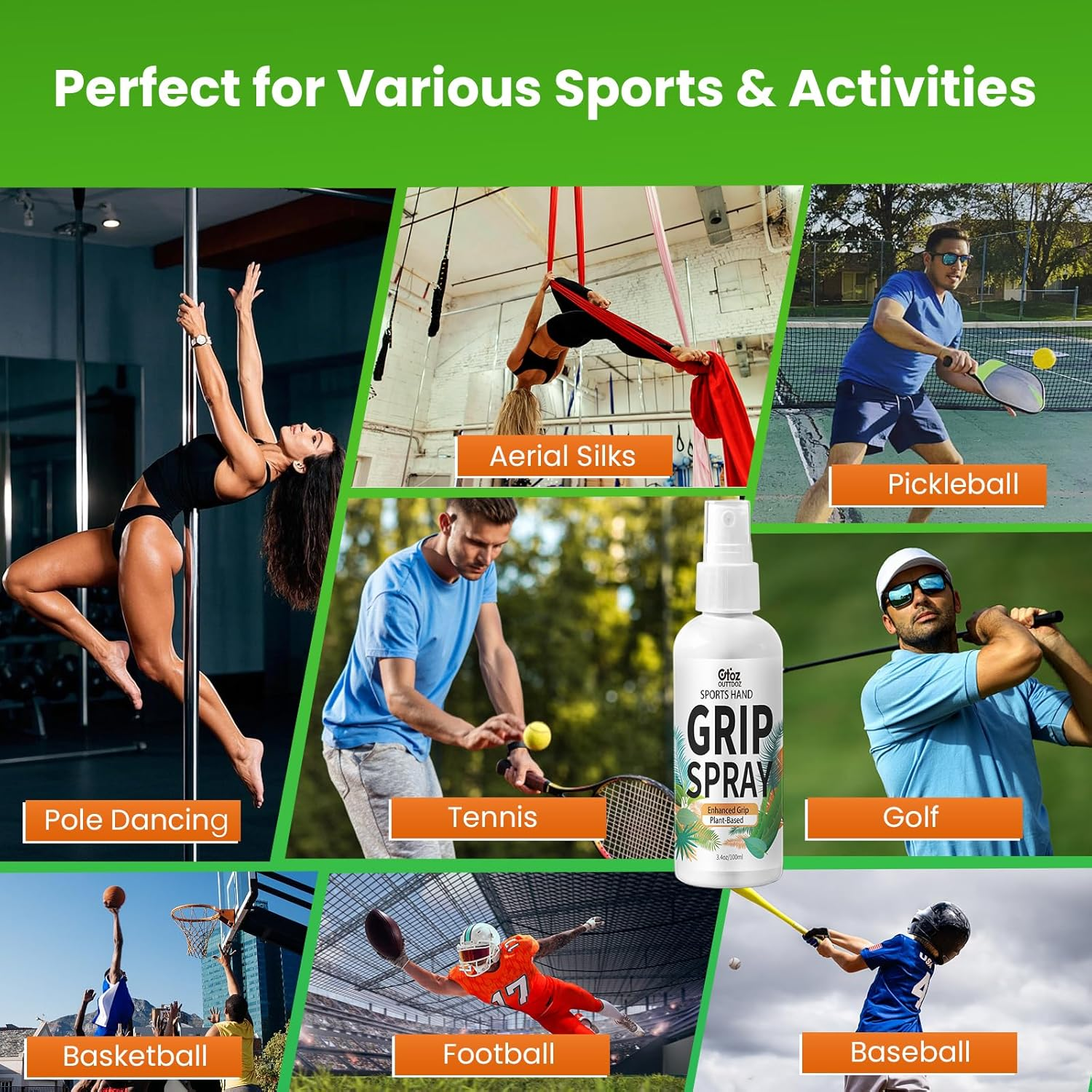 Sports Grip Spray &ndash; Plant-Based, Quick-Drying, Non-Residue Grip Enhancer with Sticky Boost for Pole Dancing, Aerial Silks, Pickleball, Golf, Tennis, and More &ndash; 3.4 Oz