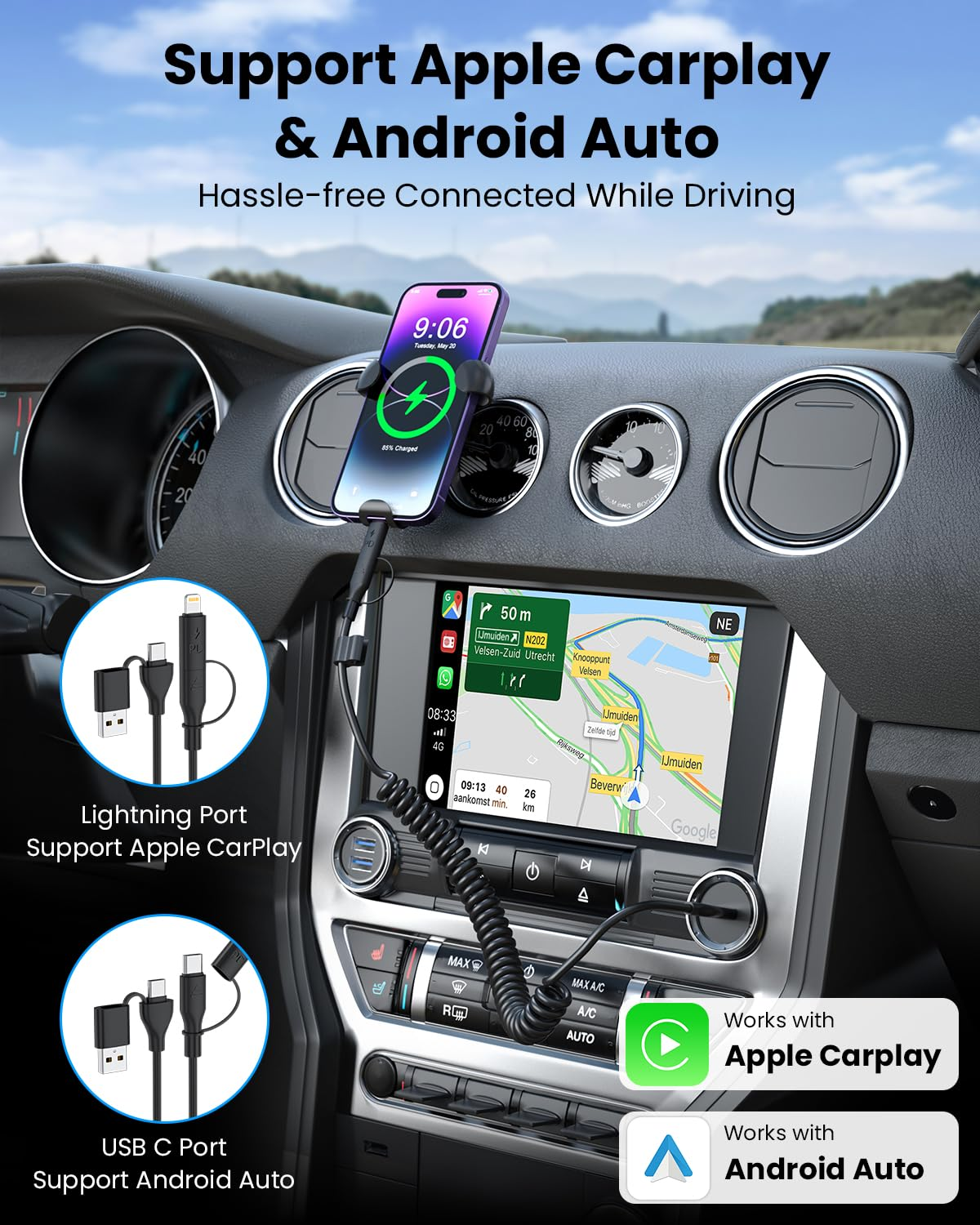 Coiled USB Cable, USB to USB C and Lightn-Ing Cable 4-In-1, Car Carplay Cable, 60W 3A Fast Charging Cord for Iphone 17 16 15 14 13 12 11, Ipad, Macbook, Galaxy, Note & More - 4Ft/Black - Black image number 4