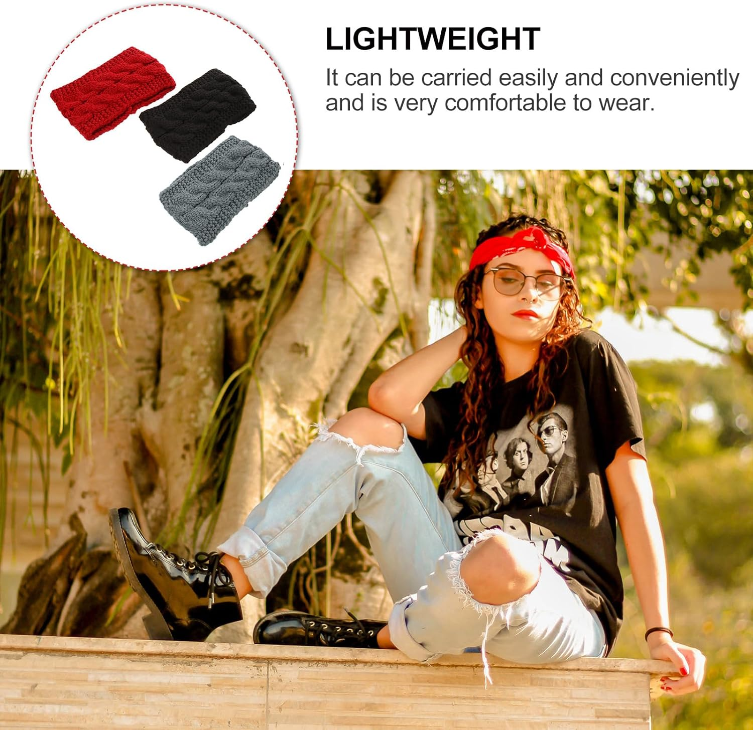 MOBUTOFU 3Pcs Women&rsquo;S Knitted Headbands Set &ndash; Elastic Wide Hairbands Knit Ear Warmers, Winter Head Wraps for Outdoor Sports and Cold Weather in Black, Wine Red, and Dark Grey image number 4