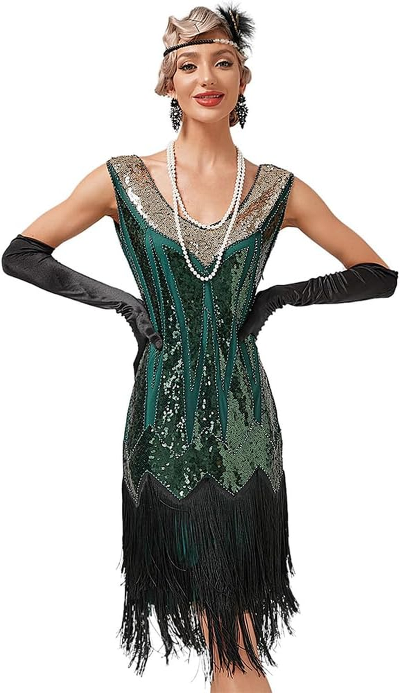 AUTOWT 1920S Women'S Flapper Dresses, V Neck Beaded Fringed Great Gatsby Roaring 20'S Costume Dress for Halloween Christmas Theme Party