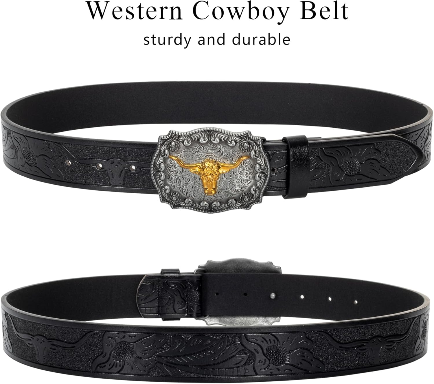 Vikodah Men & Women-Western-Cowboy-Leather-Belts - Longhorn Bull Pattern Buckle Belt Floral Engraved Buckle Belt for Jeans