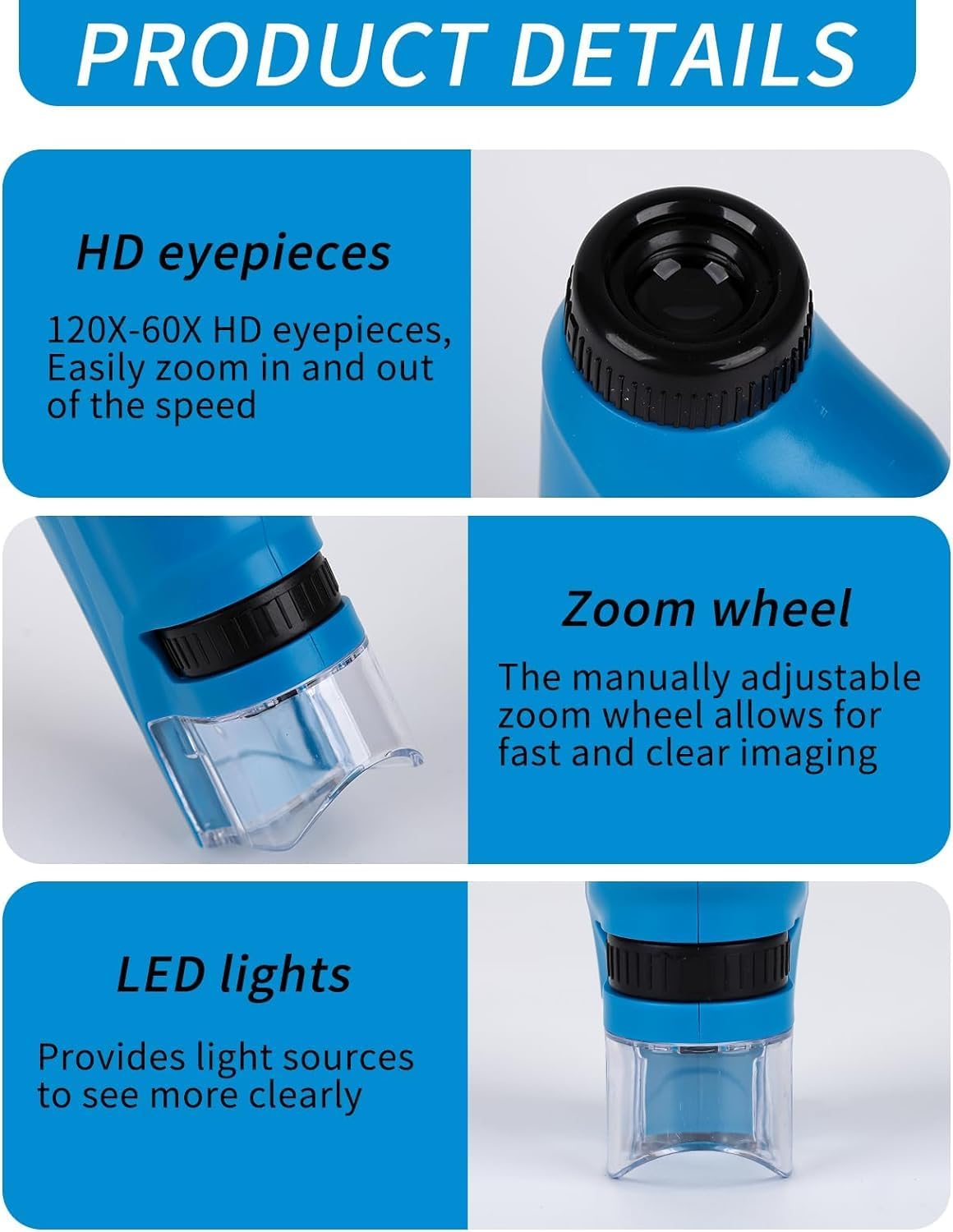 Pocket Microscope with 12Pcs Specimen, 60-120X Handheld Mini Microscope with LED Light, Electric Portable Mobile Microscope for Kids Students Microbiological Observation Learning (Blue) image number 4