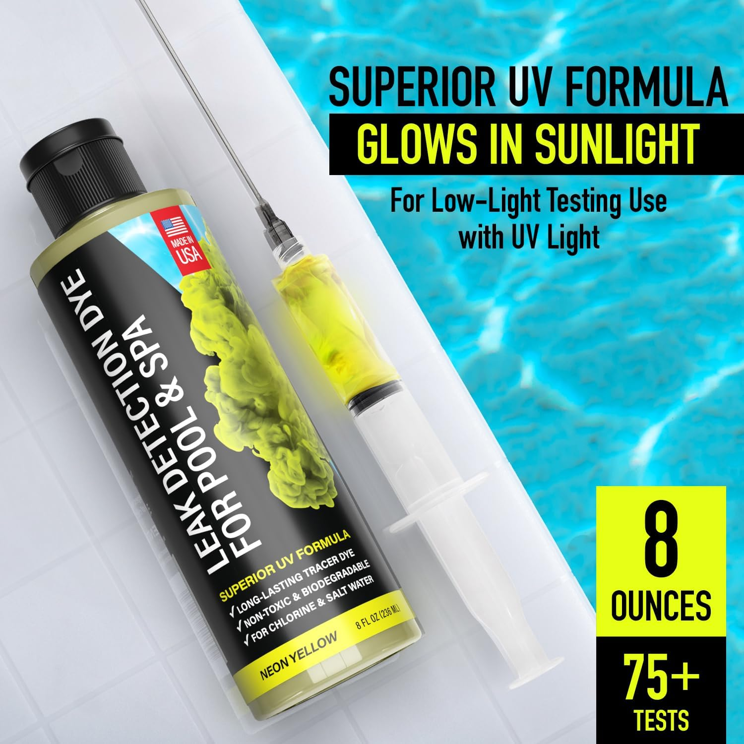 Pool Leak Detection Dye Kit - with 2 Precision Applicators - Made in USA - Superior Long Lasting UV Pool Dye Easily Locates Leaks - for All Pool, Spa, & Hot Tub Types - 8 OZ (Fluorescent Yellow) image number 5