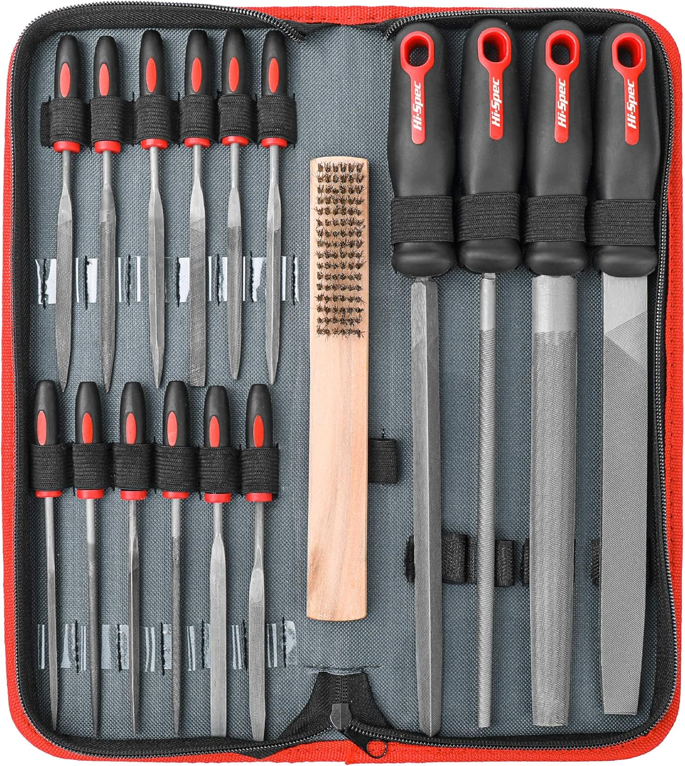 Hi-Spec 17 Piece Metal Hand & Needle File Tool Kit Set. Large & Small Mini T12 Carbon Steel Flat, Half-Round, round & Triangle Files. Complete in a Zipper Case with a Brush image number 6