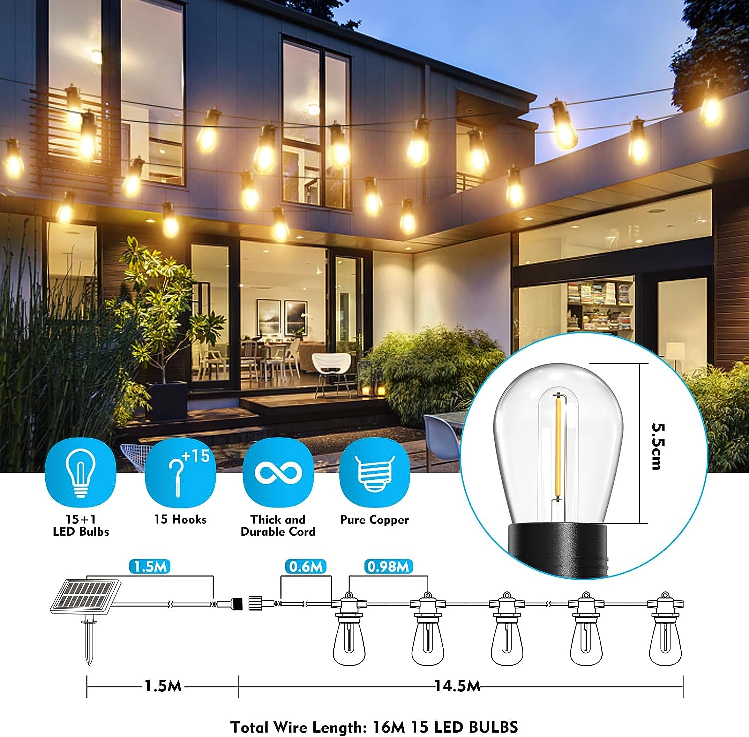 Globalink 16M Solar String Lights - IP65 Waterproof Outdoor Fairy Lights with 16 Shatterproof Bulbs, Expandable for Backyard, Balcony & Garden All-Weather Aussie-Proof Design, Warm White Ambience