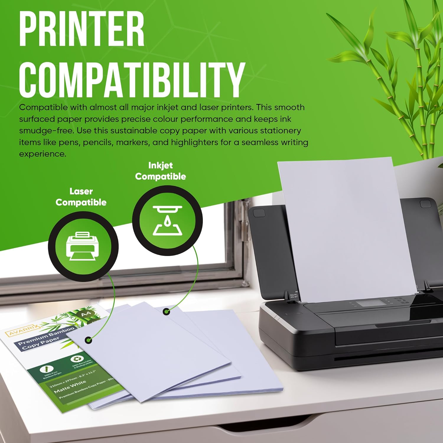 Avarrix Australia Bamboo Copy Paper A4, 500 Sheets, 1 Ream, 80 GSM, Matte White, Ideal for Home Office and Laser/Inkjet Printers, Eco-Friendly, Recyclable and Sustainable image number 6