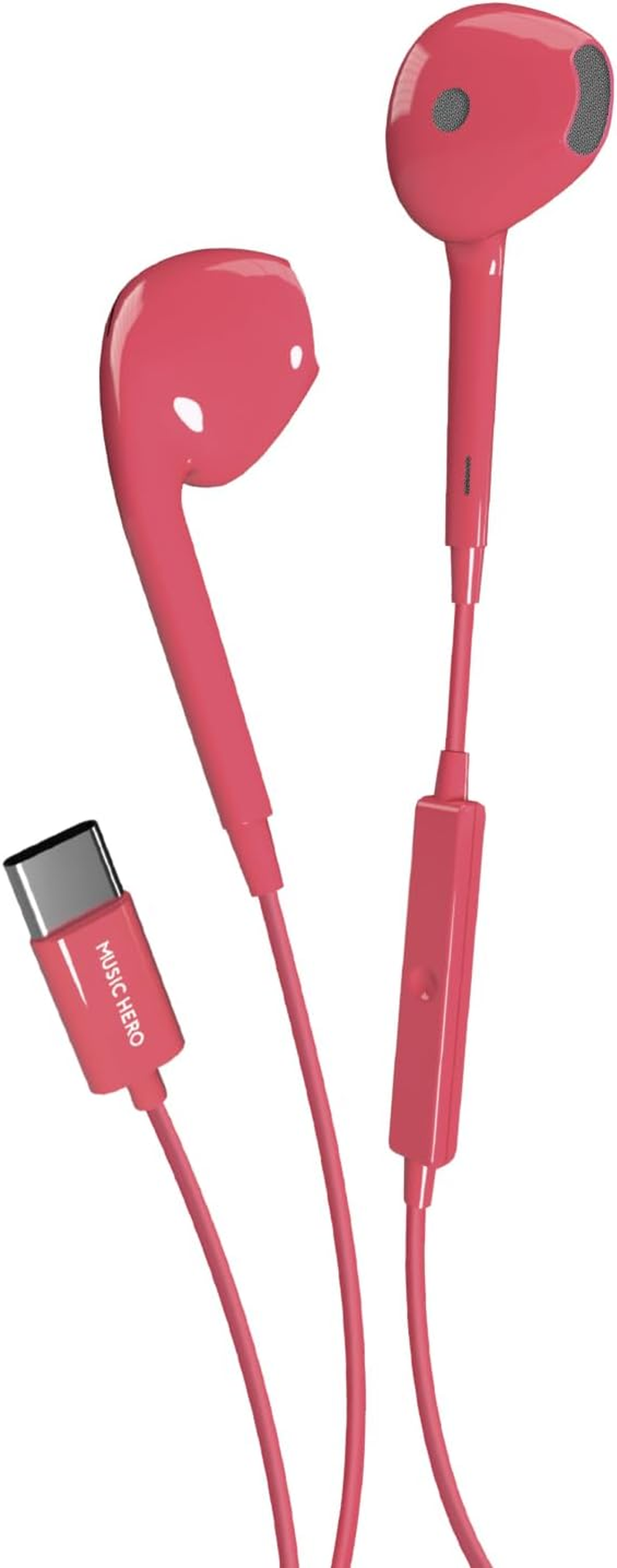 Music Hero USB-C Earbuds, USB-C Headphones, Built-In Controls, Microphone, Semi In-Ear, Pink