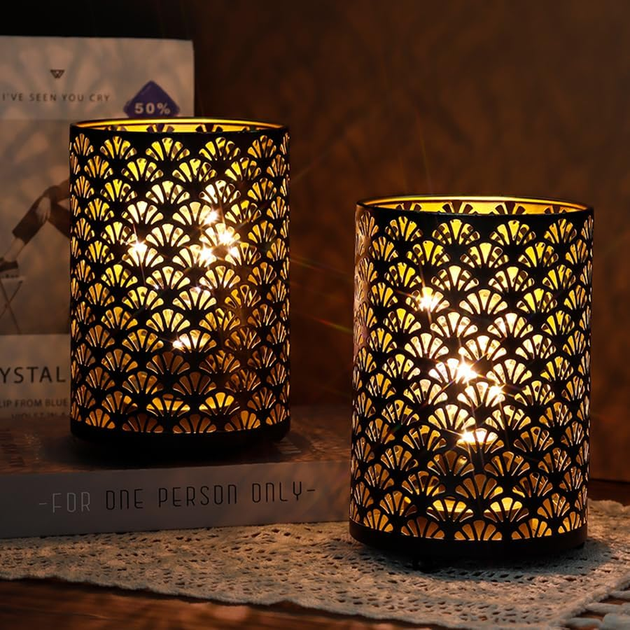 TRIROCKS Set of 2 Battery Operated Lamp 16Cm Tall Metal Cordless Table Lamp Bronze Lanterns with Warm Fairy Lights Bulb for Patio Garden Wedding Parties Indoor Outdoor(Scalloped Hollow Pattern) - Brown image number 6
