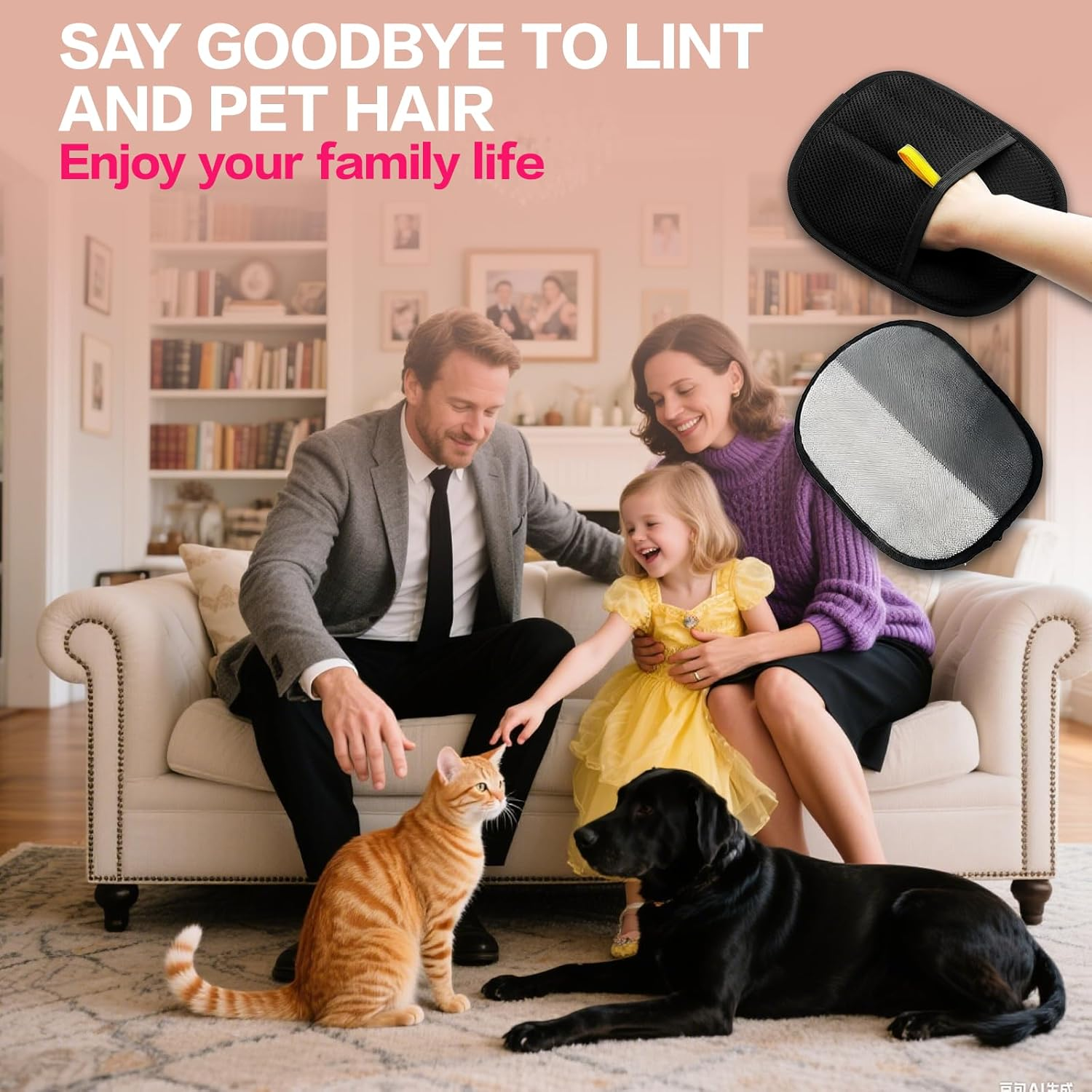 Double Sided Pet Grooming Glove - Reusable Silicone Brush Mitt for Dogs & Cats - Hair Removal Glove for All Coat Types (20X15Cm, Black) image number 3