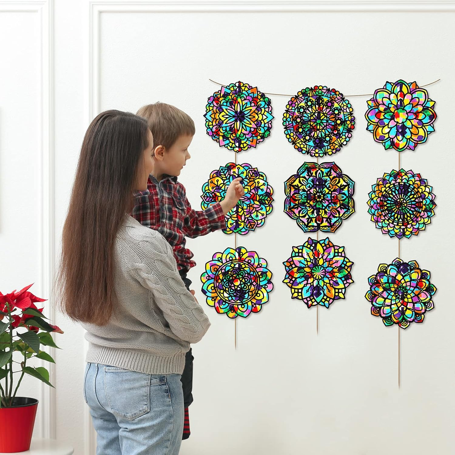 18 Pack Color Mandala Window Clings DIY Stained Glass Kits Suncatchers for Windows Arts and Crafts DIY Kit for Adults Mandala Sun Catcher for Beginner Kids Teens, 6 X 6 Inches image number 1