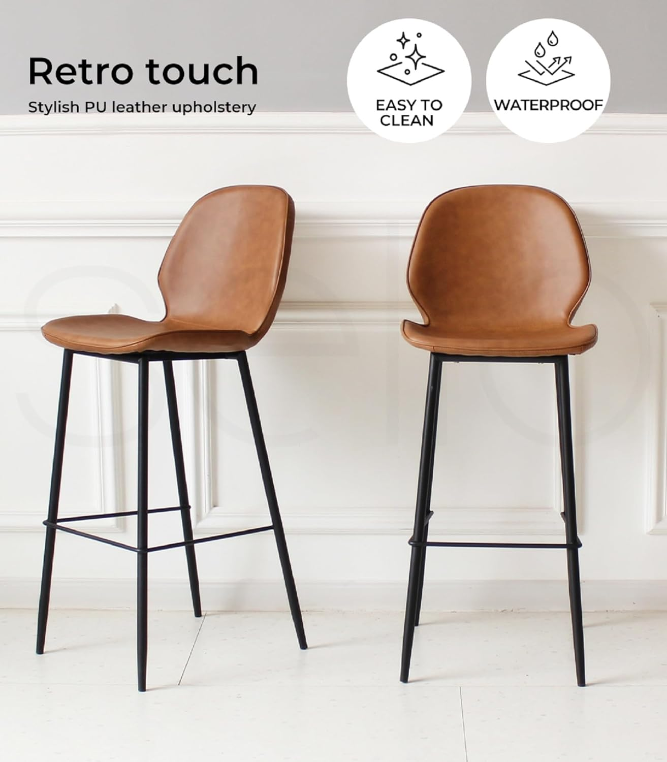 LEVEDE Bar Stools Set of 2, Bar Chairs with Backrest and Footrest, PU Leather Dining Chairs Indoor Outdoor, Kitchen Counter Stools for Home Bar, Dining Room, Living Room, Cafe (Brown) - Grey image number 6