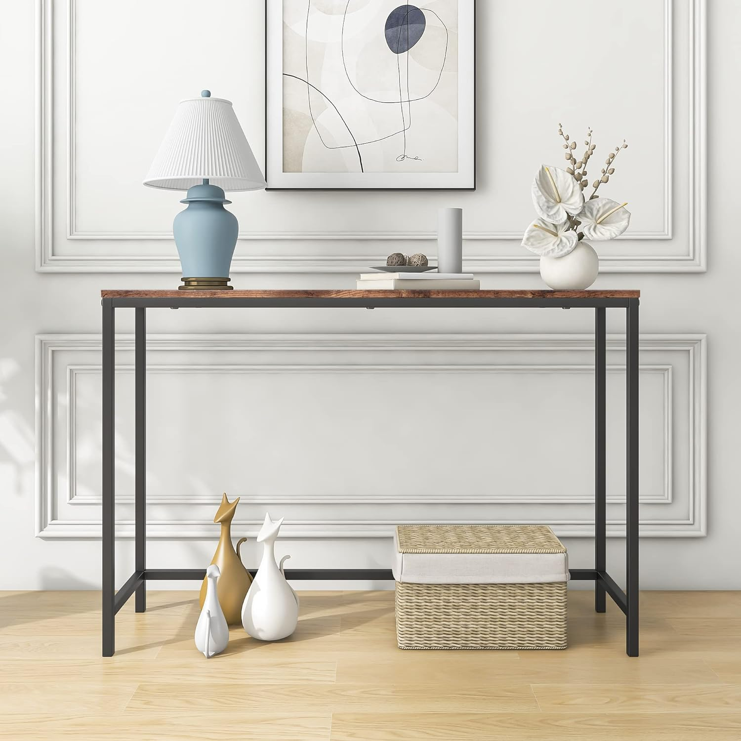 FOUBAM Thin Console Sofa Table for Entryway, Wood Couch Side Table, Hallway End Entrance Computer Desk, Window Table for Plants Indoor, Slim Coffee Table, Vintage Brown - Teak Color image number 4