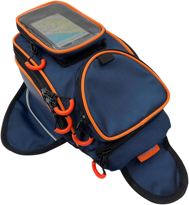 Reygeak Motorcycle Tank Bag，Waterproof, with Super Magnetic Thickened Magnet Blue Orange 1680D PVC Petrol Tank Bag, Large Window Cell Phone Bag, Suitable for Suzuki Kawasaki Honda Harley Yamaha. image number 5