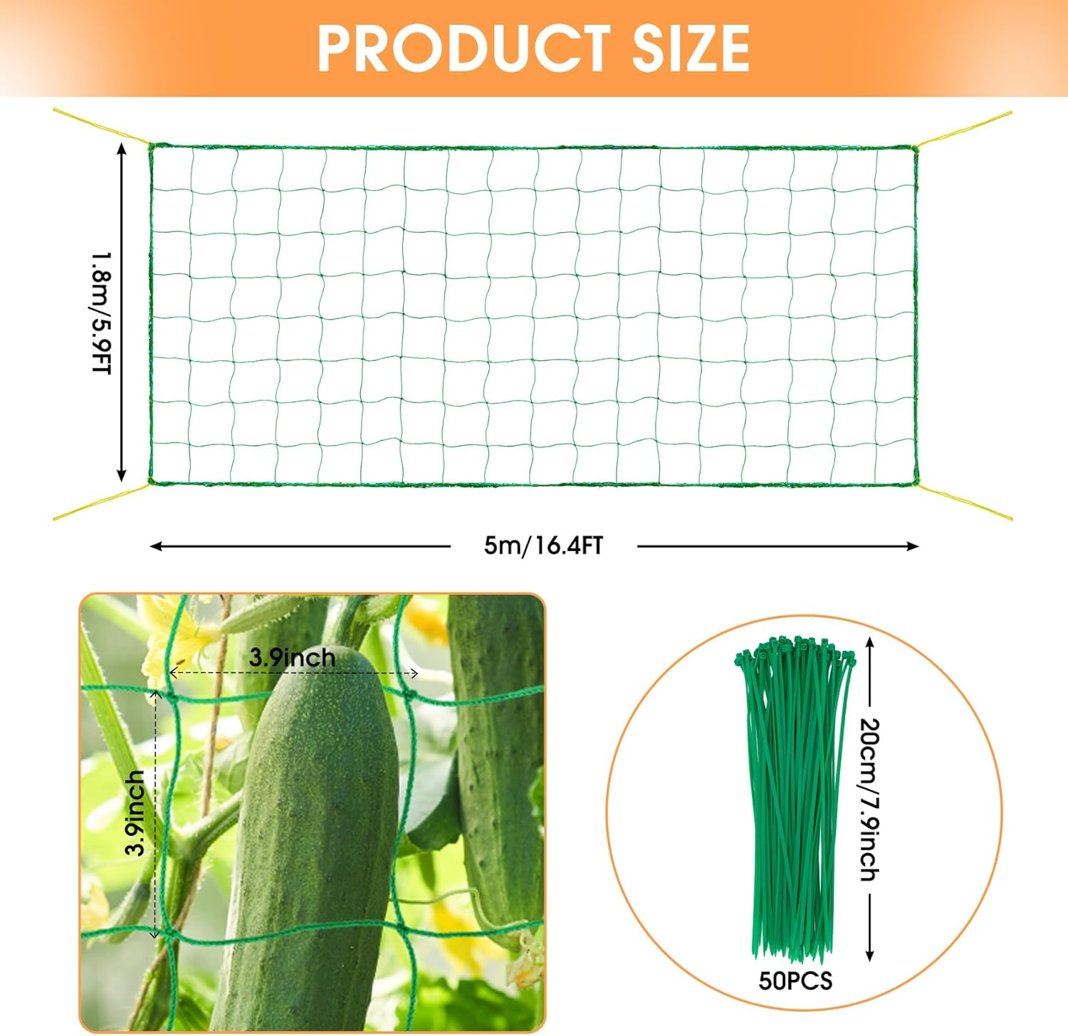 Trellis Net Cucumbers 5 X 1.8 M, Trellis Cucumbers with 50 Cable Ties, Climbing Plants, Tomatoes, Flowers and Other Vegetable Plants image number 3