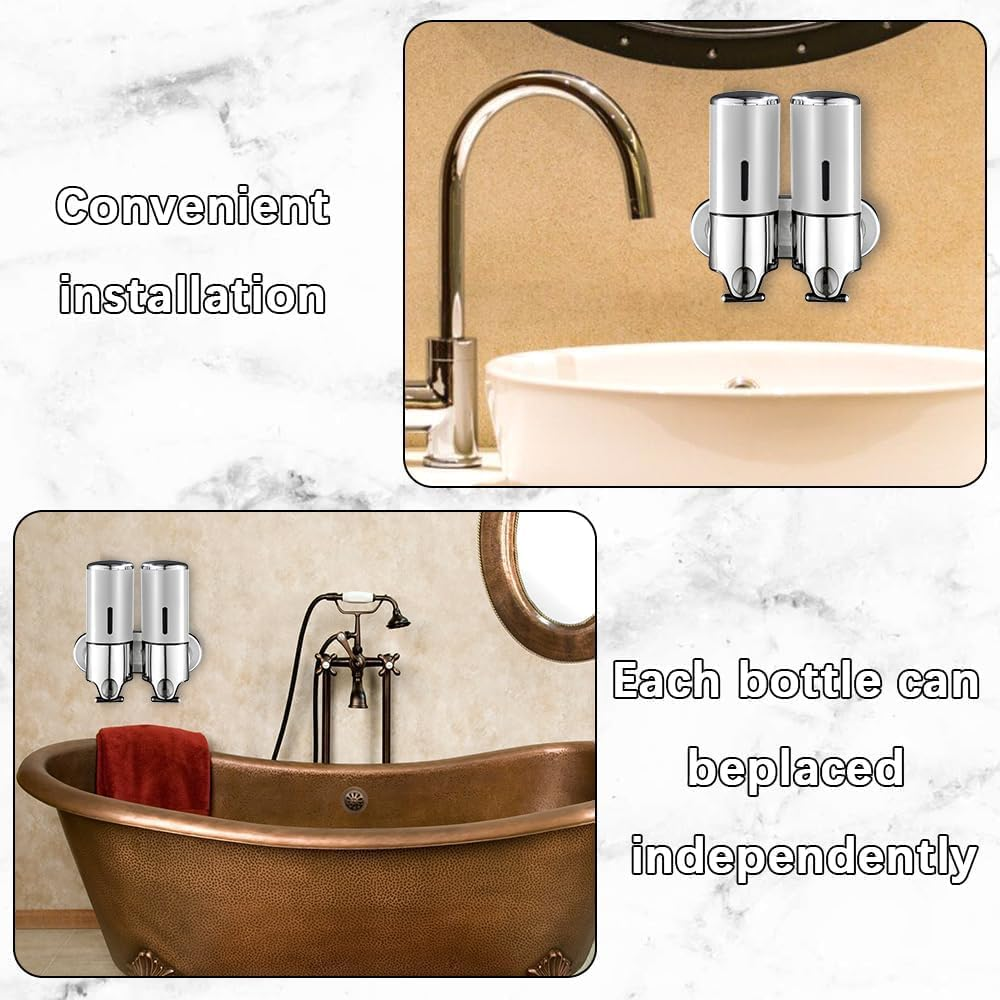 MTSDM Stainless Steel Wall Mounted Bathroom Shower Pump Dispenser, 1000Ml Bathroom Soap Dispenser for Shampoo Conditioner, 2 Chamber Wall-Mounted Shampoo Distributor, Shower Soap Press Pump for Hotel image number 3