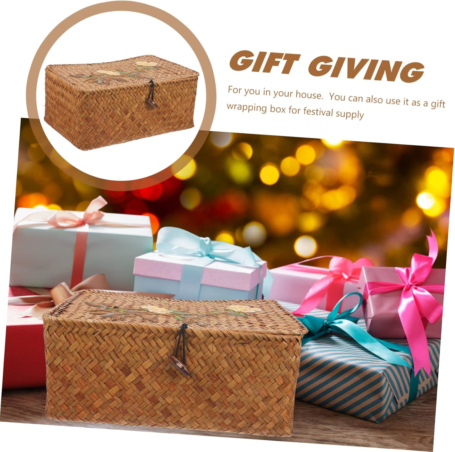 Decorative Woven Storage Basket Large Rectangular 29X19X12Cm Wicker Basket Lid Rustic Desktop Organizer for Home and Office Storage image number 5