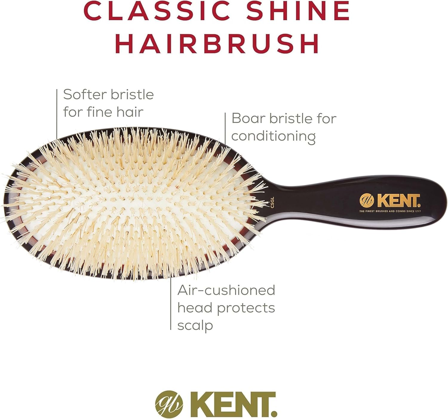 Kent Classic Shine Cushioned Soft Bristle Brush, White, Large image number 1
