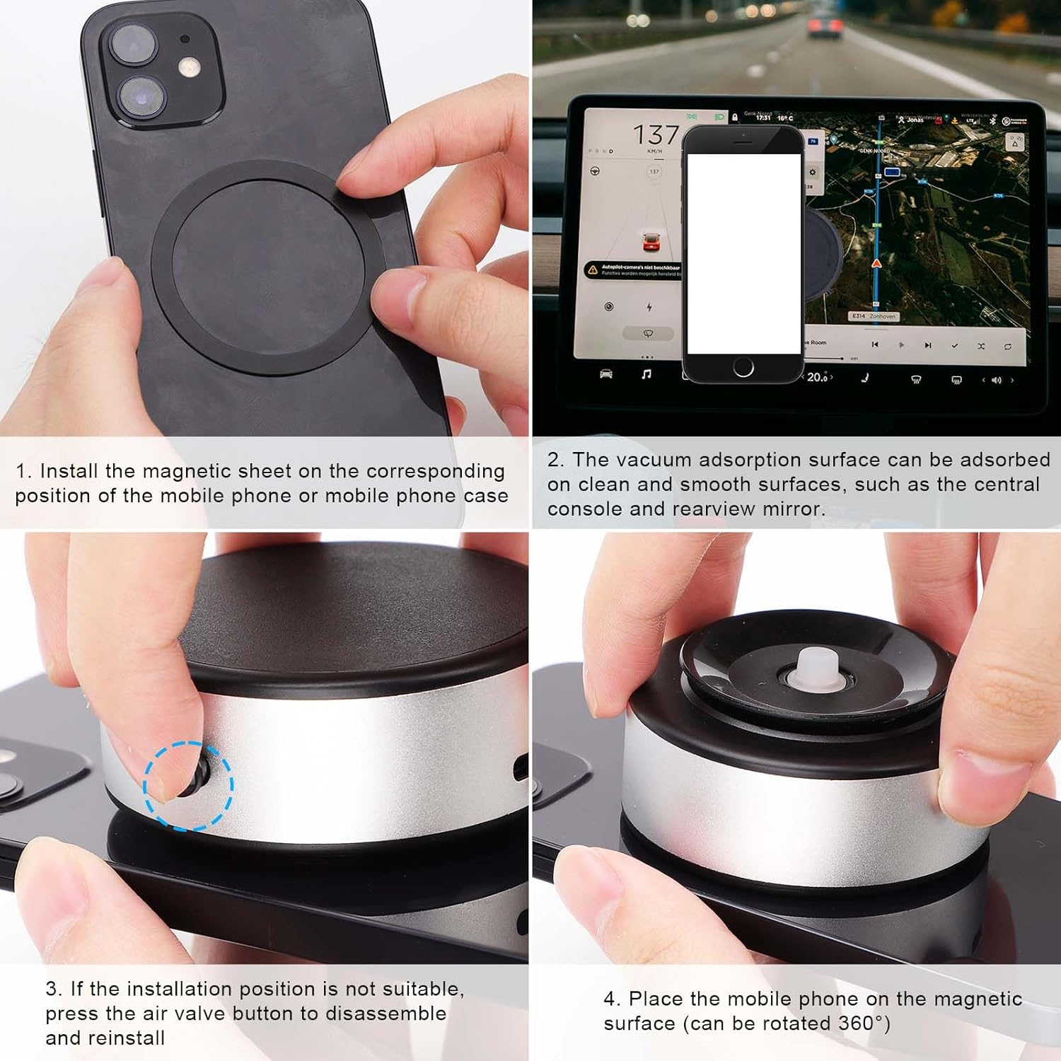 Magnetic Cell Phone Holder Suction Cup for Car, 360&deg; Rotation Mobile Phone Holder Adjustable Magnetic Suction Cup Holder for Windscreen Dashboard (Silver)