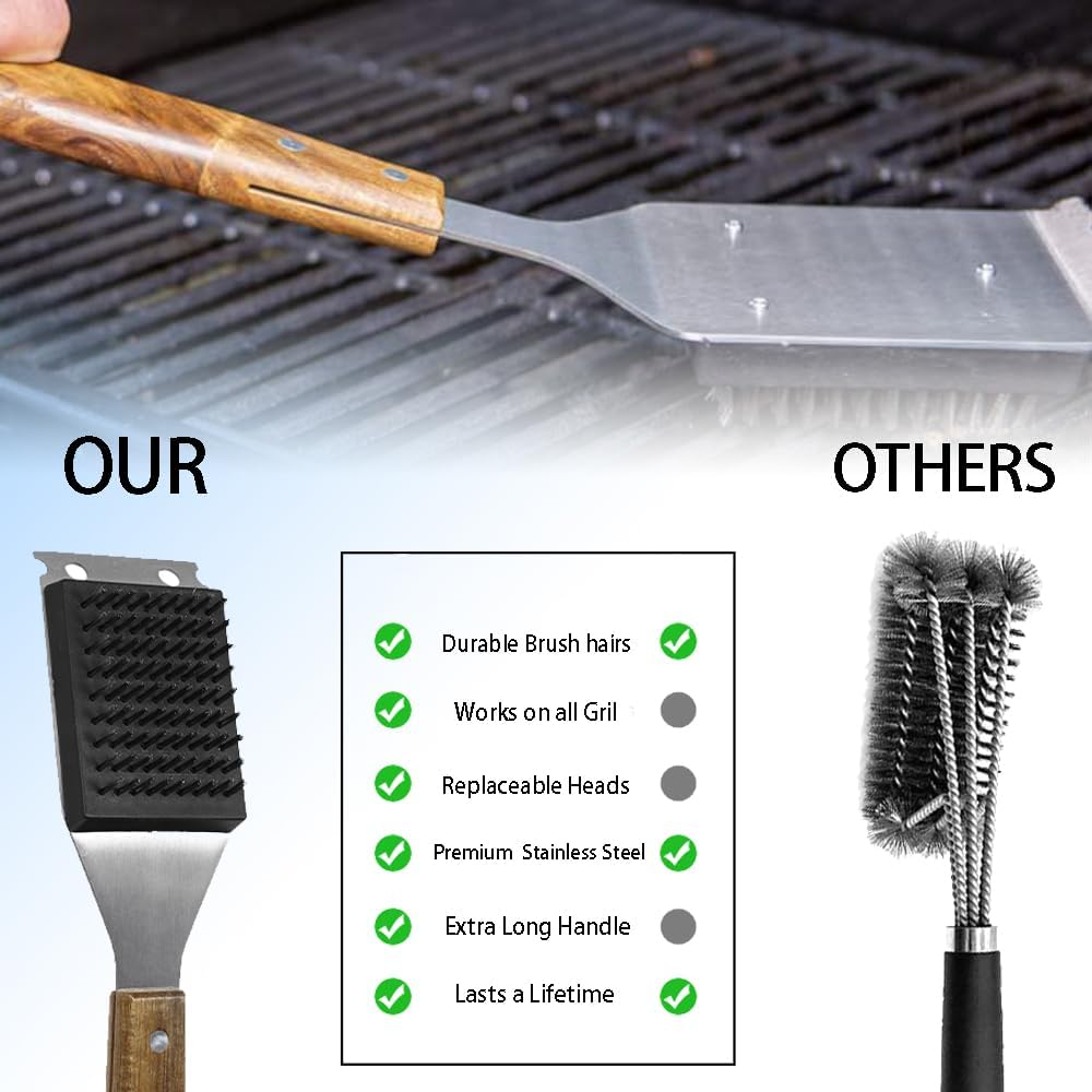 Grill Brush with Scraper and Long Wooden Handle for Safe Cleaning, Replaceable Stainless Steel Brush Hairs for Durable Use, Effortlessly Tackle Any Grill Surface image number 1