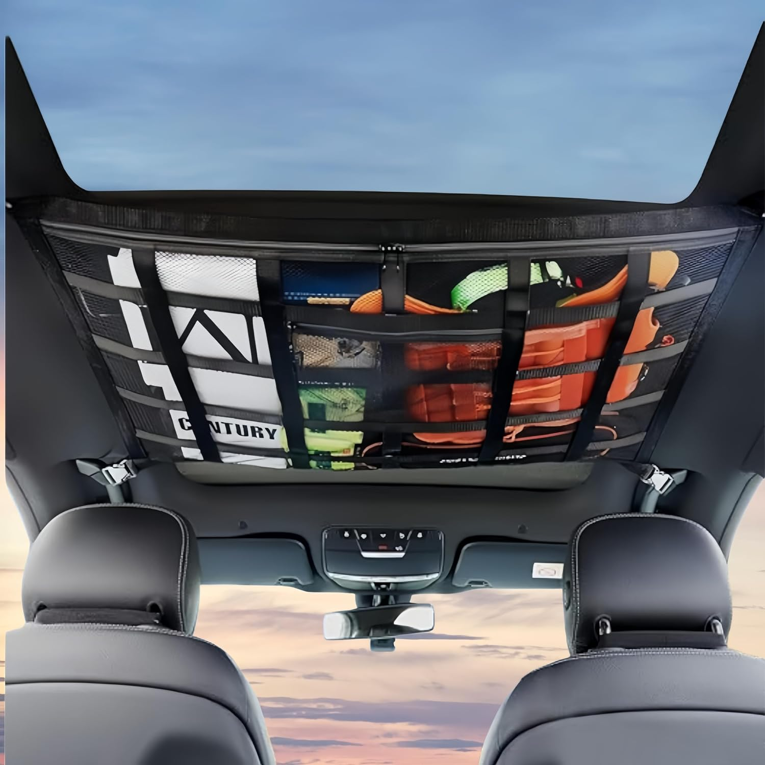 SUV Ceiling Cargo Net Pocket, Adjustable Double Large Car Ceiling Storage Net with 2 Seat Hooks, Mesh Car Roof Organizer Long Trip Storage Bag for SUV Long Trip Camping (Black)