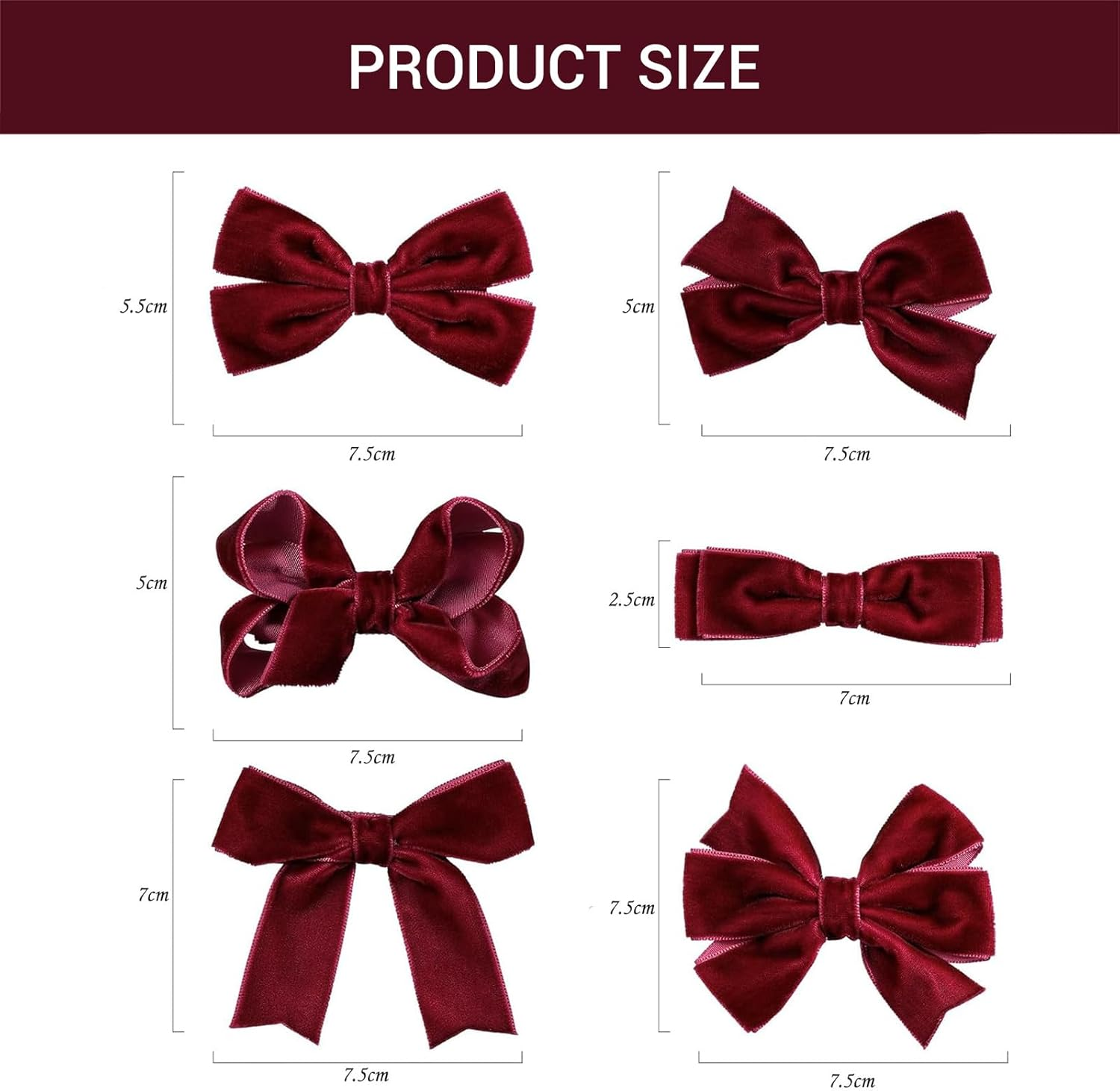 Celblisora Pack of 12 Hair Bows Made of Dark Red Velvet Ribbon, 7.6 Cm, Small, Burgundy, Elegant Bows with Crocodile Clips, Ideal as School Uniform Decoration Accessories