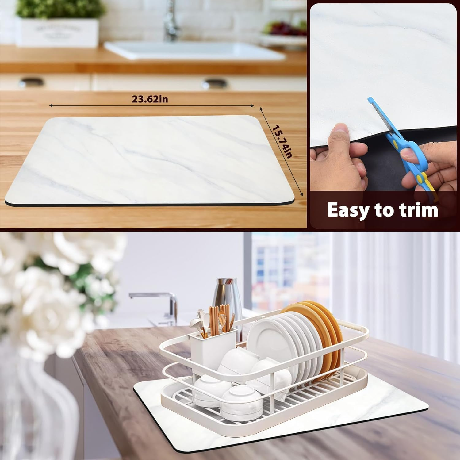Dish Drying Mat for Kitchen Counter, 30X40 Cm Super Absorbent Hide Stain Dish Drying Pad with Non-Slip Rubber Backed, Quick Drying Mat for Coffee Machine Dish Rack（White Marble Veining） image number 1
